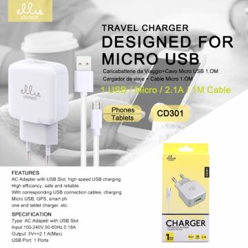 Ellietech CD301 Chargeur avec Câble Micro USB 2.1A 1M Blanc